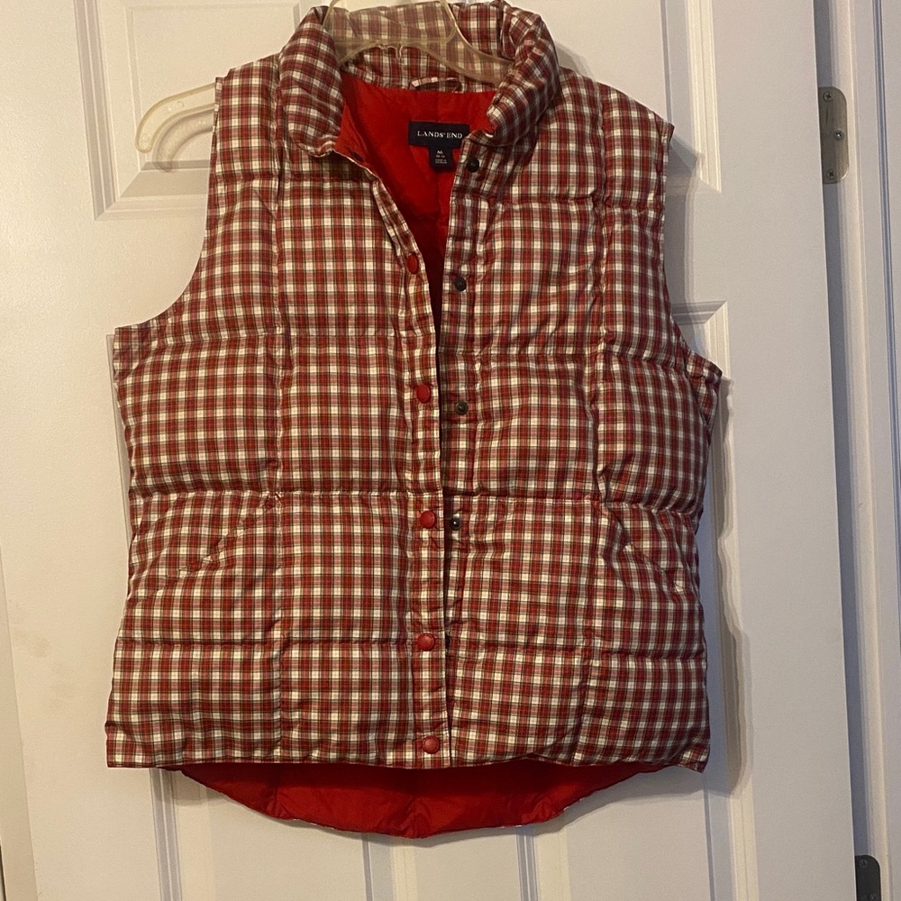 Lands' End Red and White Checkered Puffer Vest